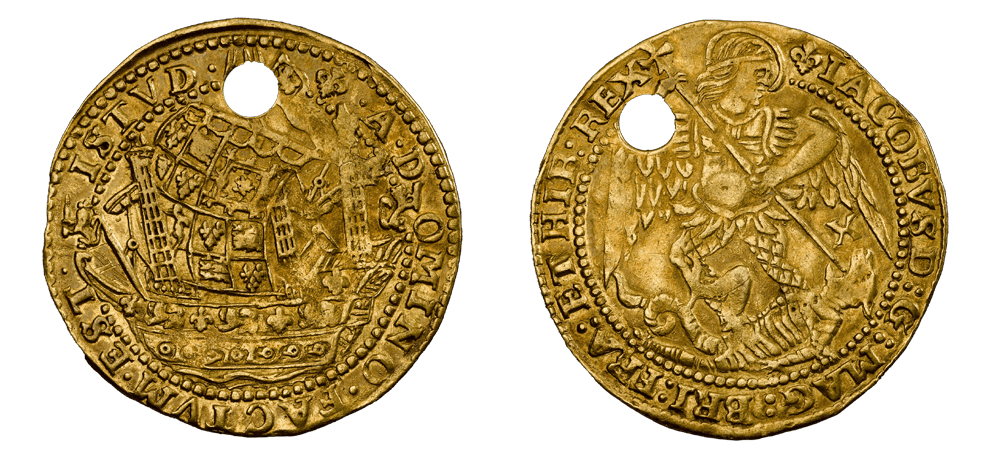 Gold Angel coin with a hole punched in it RMM4535