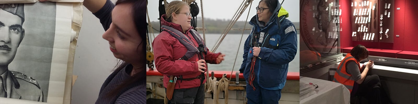 A series of images of Museum staff working with objects and recording for the museum podcast on a sailing ship