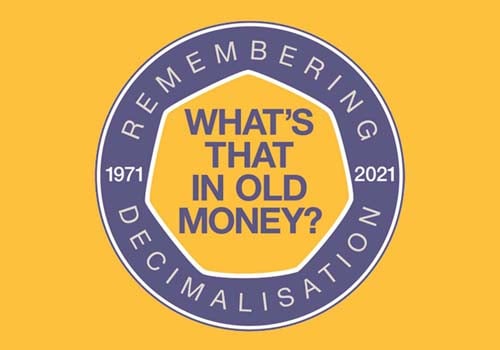 Banner advertising the Royal Mint Museum 50th Anniversary of Decimalisation project in 2021