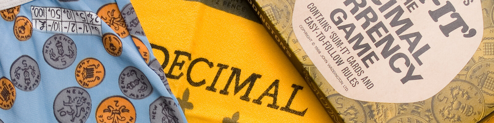 A collection of images created to introduce decimalisation to the public in the 1970s, including a pair of pants, a duster and a card game
