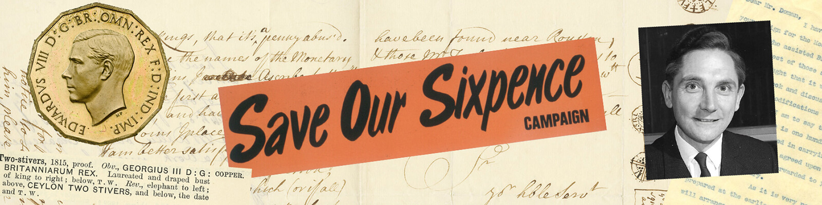 A composite image of pieces of printed documents and photographs from the Royal Mint Museum collection