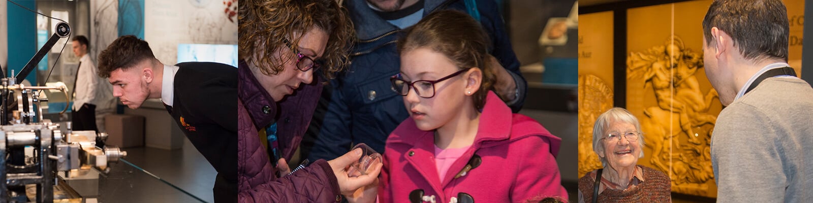A collection of images showing people of all ages interacting with object and staff from the Royal Mint Museum