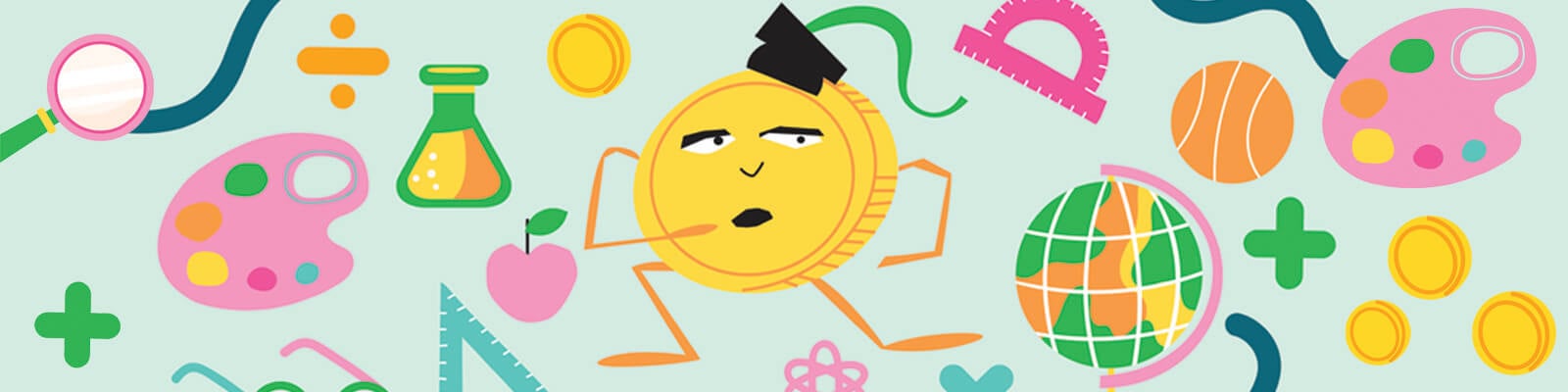 A cartoon of a character made from a coin with a mortar board hat surrounded by object associated with teaching and schools, e.g. a protractor, an apple and mathematical symbols